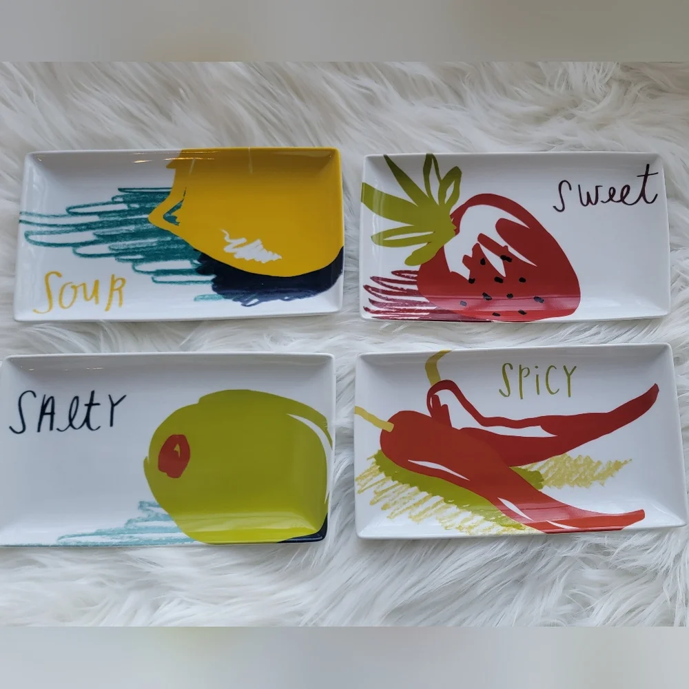 CRATE & BARREL 4 Snack/Appetizer Rectangle Plates Sweet, Sour, Spicy, Salty